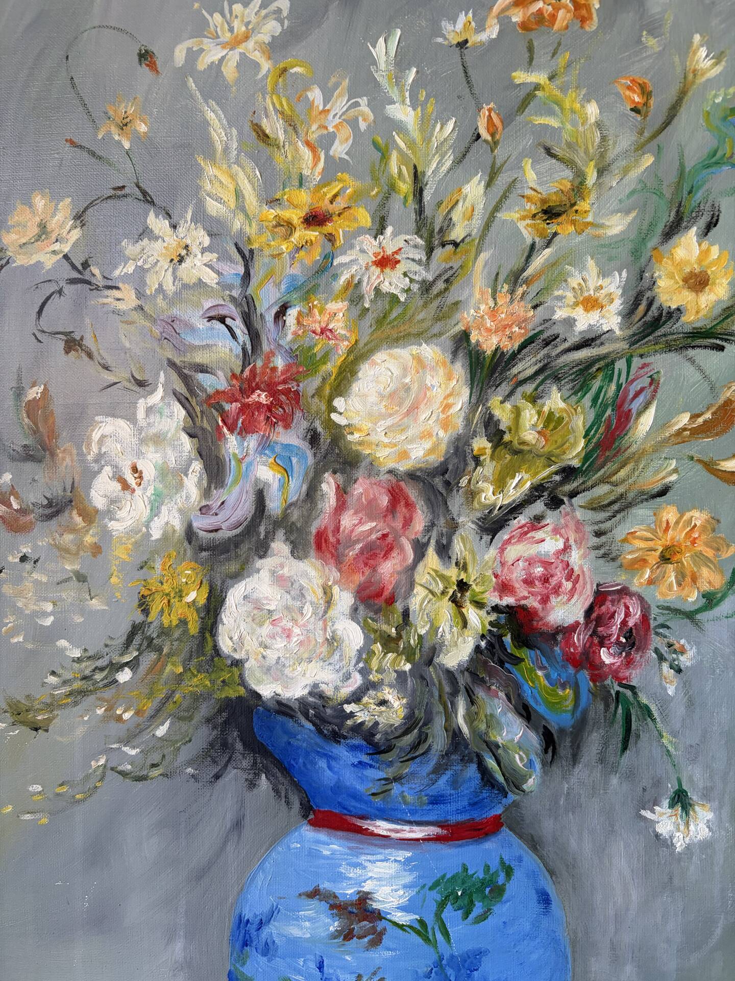 Bouquet in a blue vase, oil on canvas signed