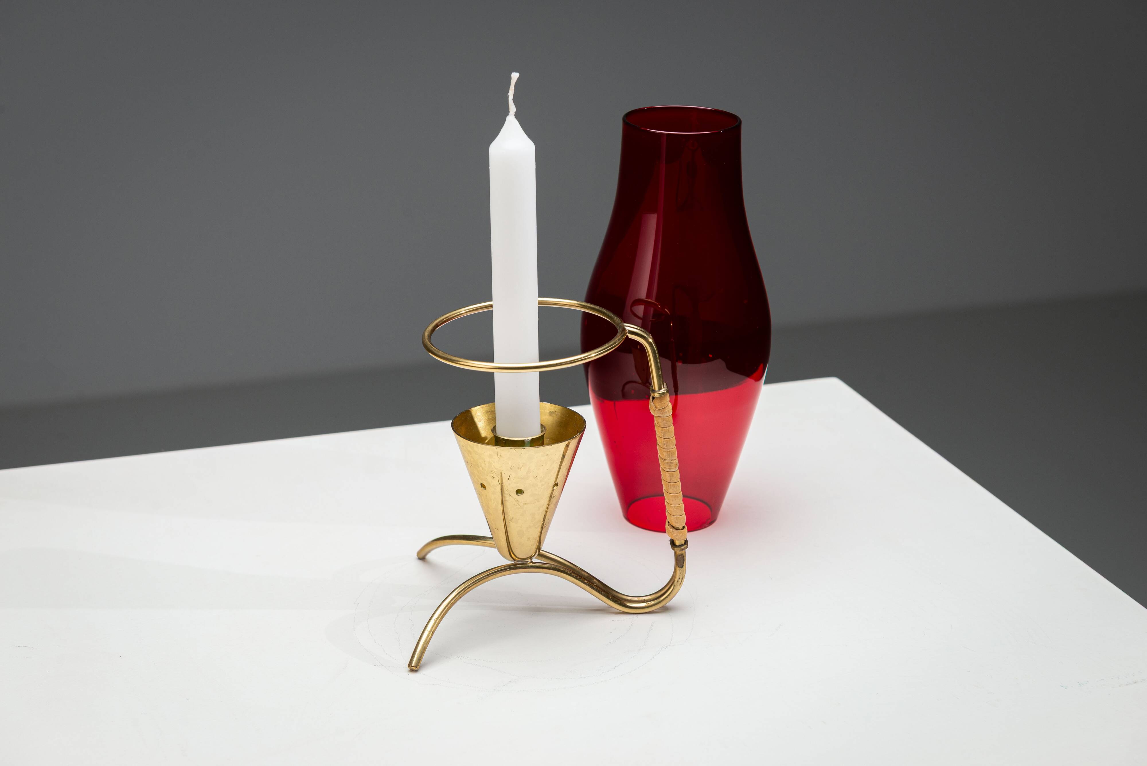 Gunnar Ander candleholder in brass, glass and rattan for Ystad Metall