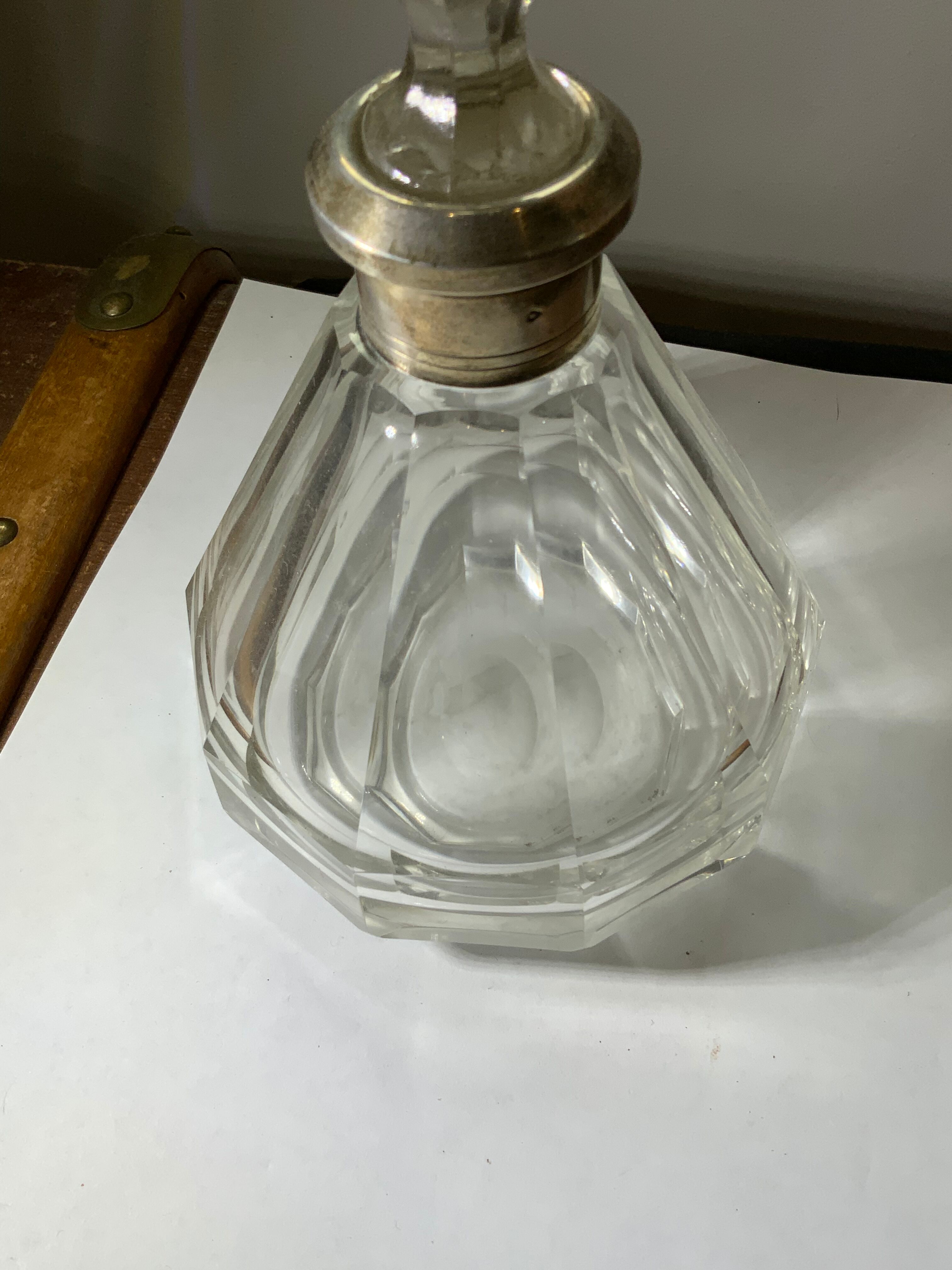 Antique crystal bottle with art deco hallmarked silver neck with facets