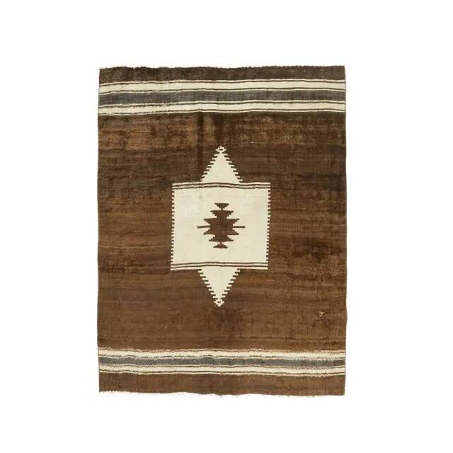 Vintage Turkish Hand-Knotted Wool Cotton Brown Kilim Area Rug 148x198