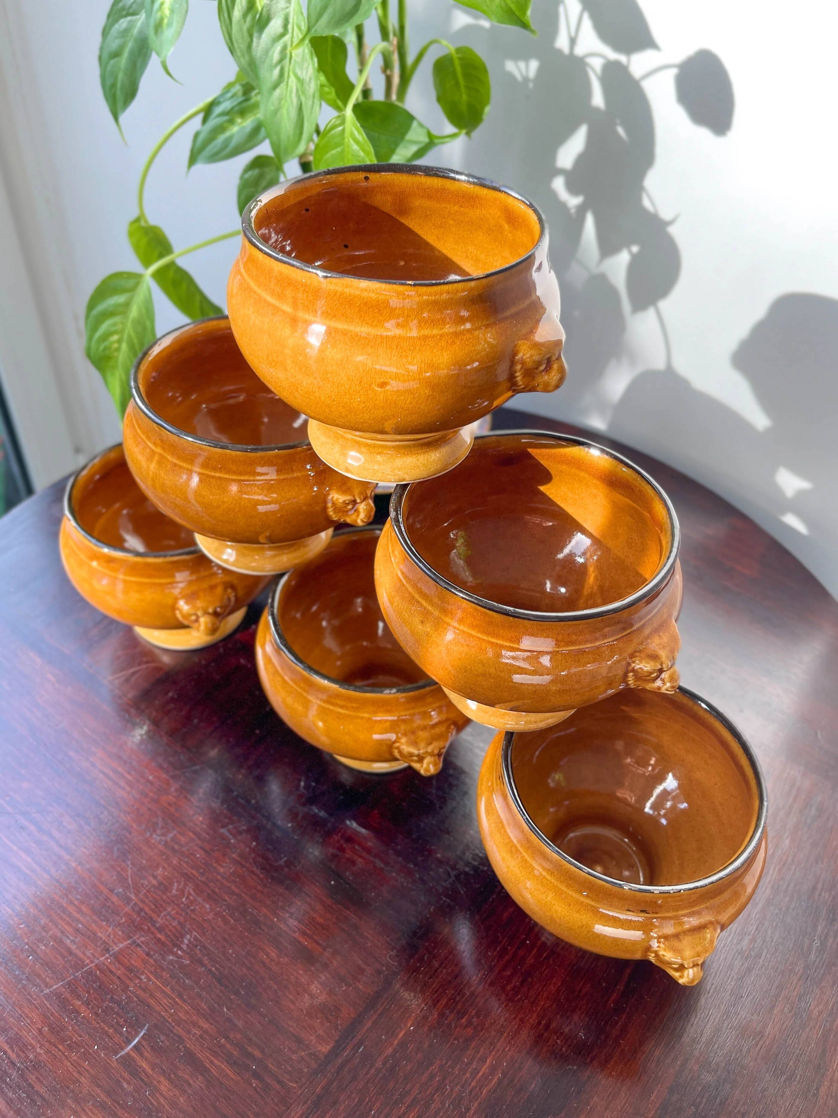 6 onion soup bowls in ochre glazed stoneware by Emile Henry