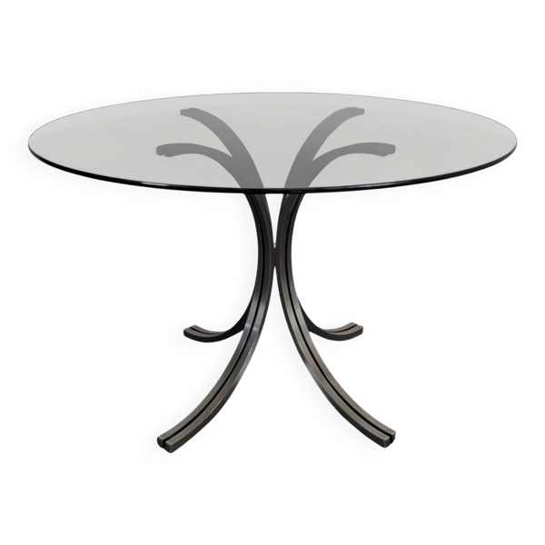 Table space age plateau verre fumé et piètement chromé