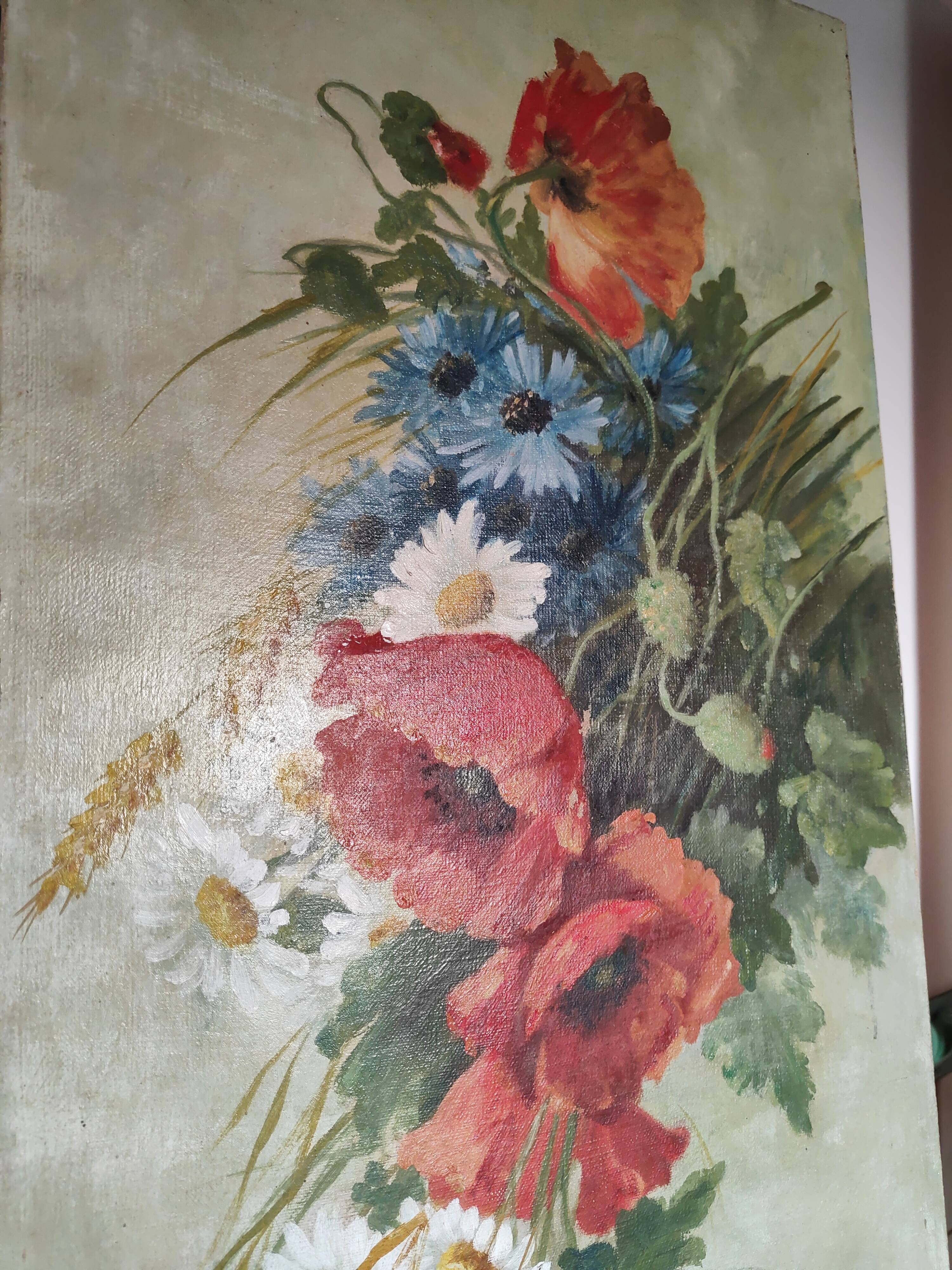 Oil painting on canvas "Country spray with poppies" 1910 signed