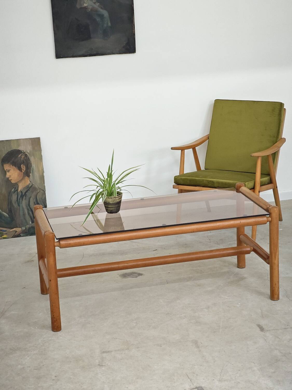 Table basse style chalet bois massif et verre  République Tchèque 1970