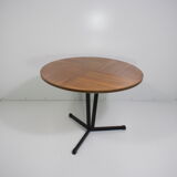 Vintage wooden round bass table black lace-up metal foot, 1960