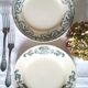Mismatched antique flat plates made of ironstone pottery.