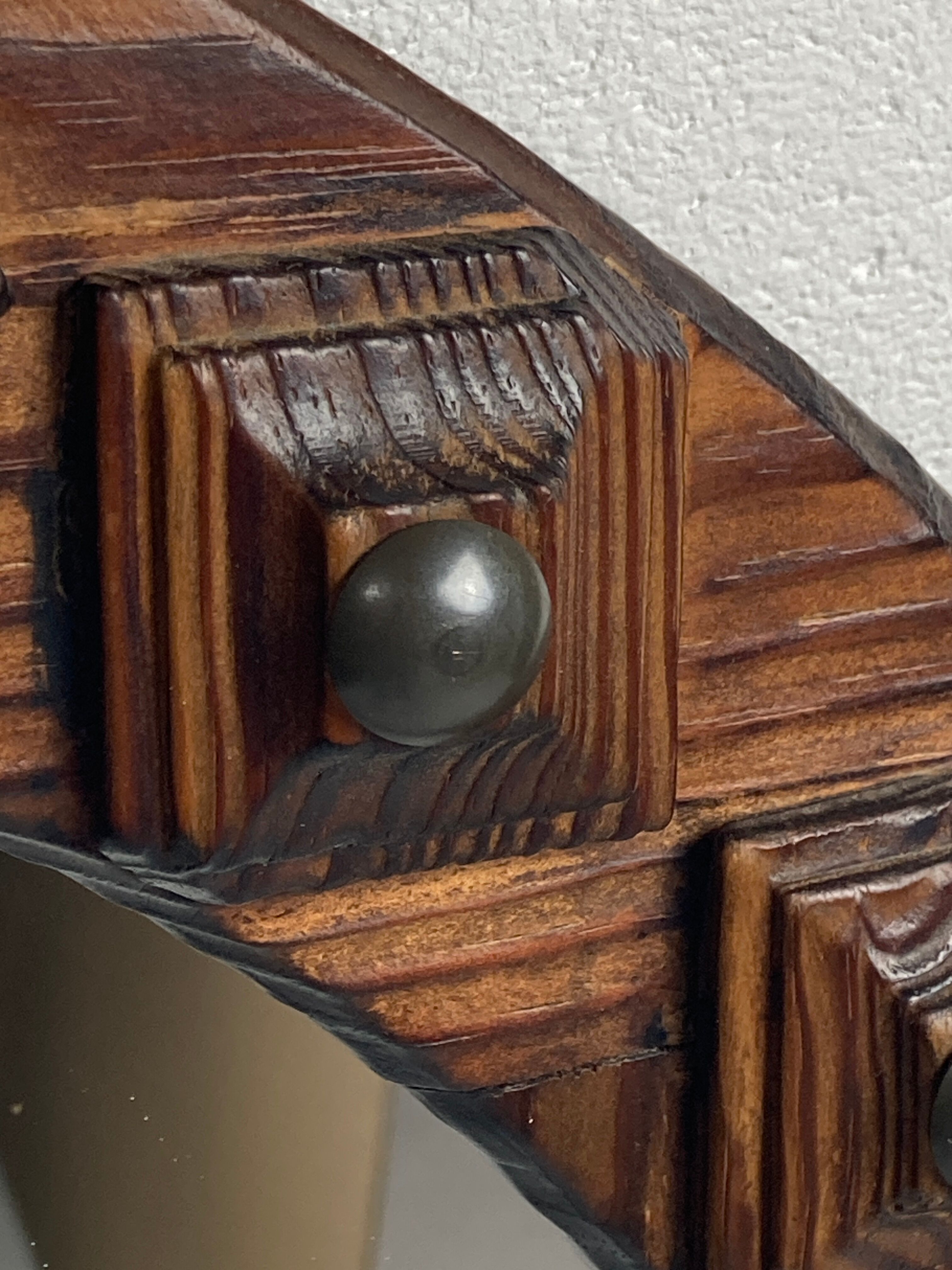 Midcentury brutalist handmade wooden mirror, Belgium 1960s
