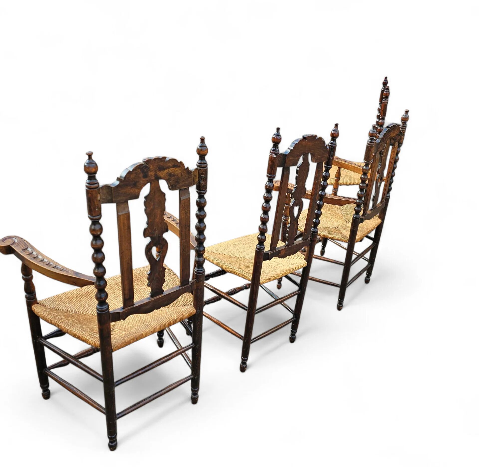 8 (2 x armrest) x ornate wood / bobbin / wicker dining chair / studded chairs