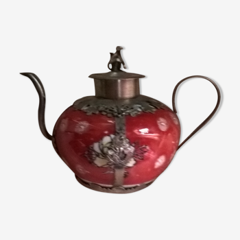 Asian teapot red metal and ceramic