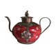 Asian teapot red metal and ceramic