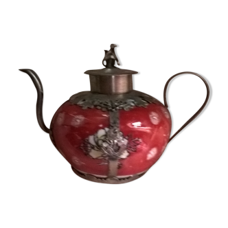 Asian teapot red metal and ceramic