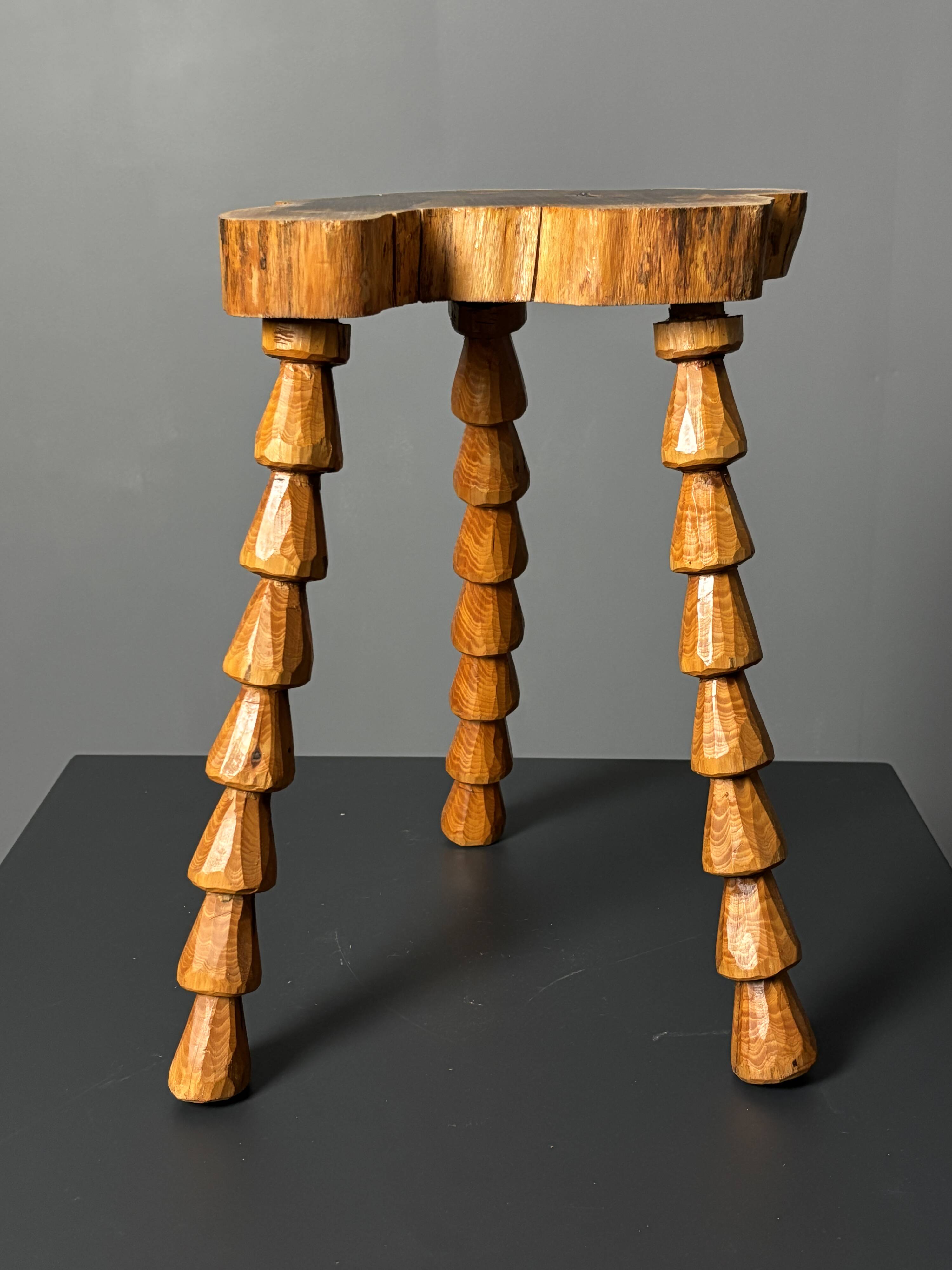 Midcentury brutalist artisanal wood turned handmade tripod stool, ca 1960s