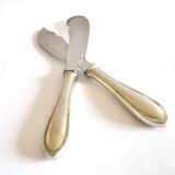Two antique service knives in silver-plated metal, pearl frieze gowe alpacca.
