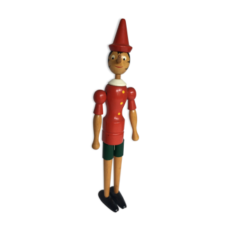 Pinocchio en bois articule habit rouge et vert vintage artisanal