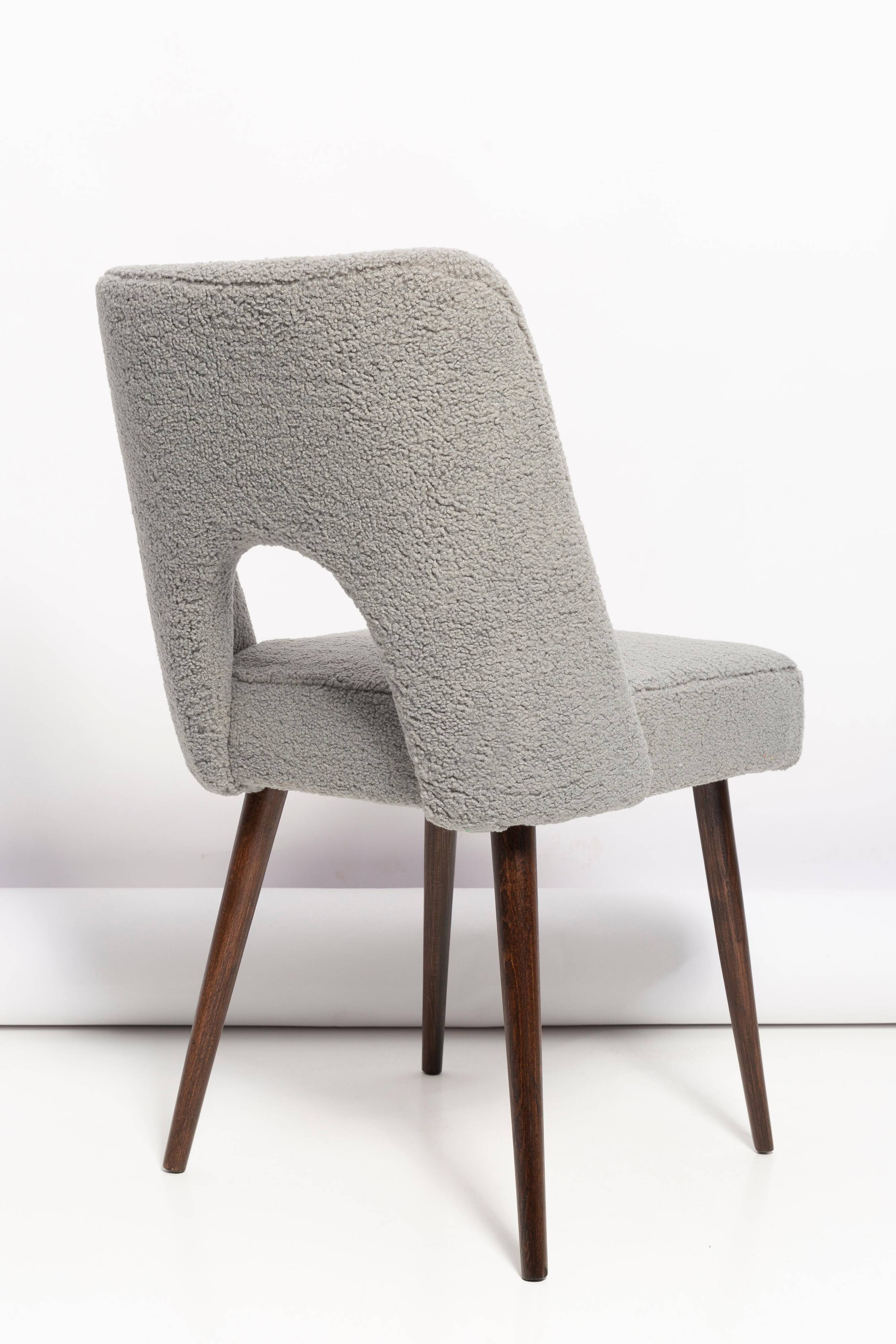 Grey boucle shell chair, dark beech wood, Poland, 1960s.