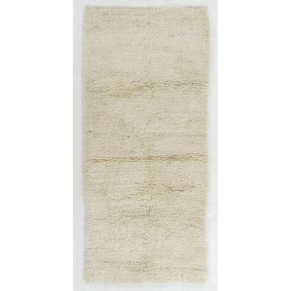 Minimalist Vintage Hand-Knotted Turkish Tulu Runner Rug Made of Natural Ivory Wool, Custom Options Available