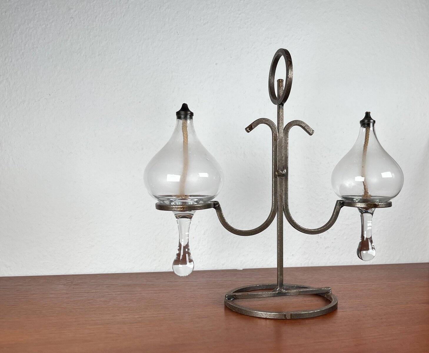 Mid-century Danish wrought iron and glass table oil lamp, 1960s.