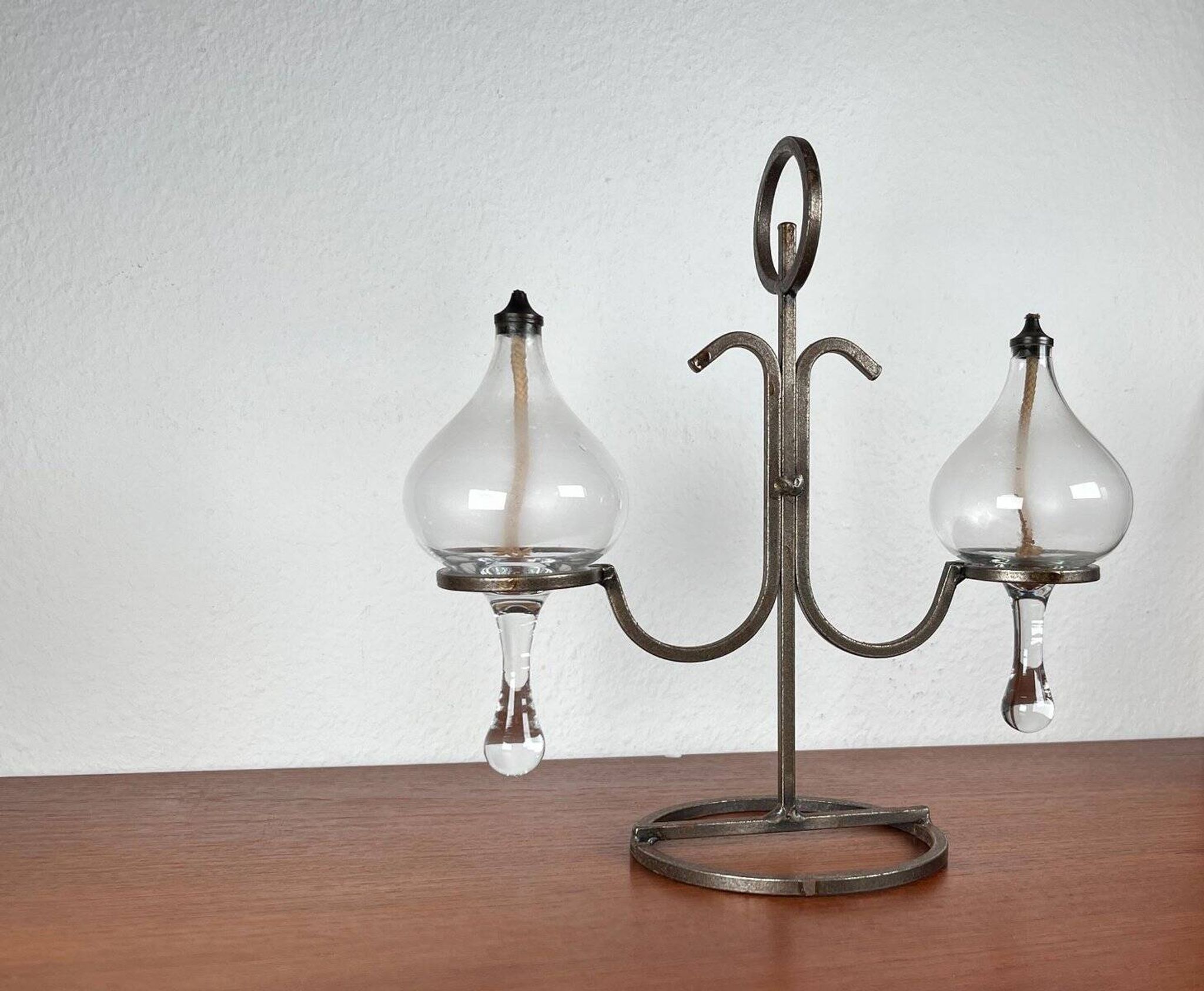 Mid-century Danish wrought iron and glass table oil lamp, 1960s.