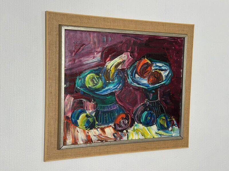 Original mid-century European oil on canvas – “Still Life” by Roy – dated 1969 – vintage & framed – 75 × 64 cm (29.5" × 25.2")
