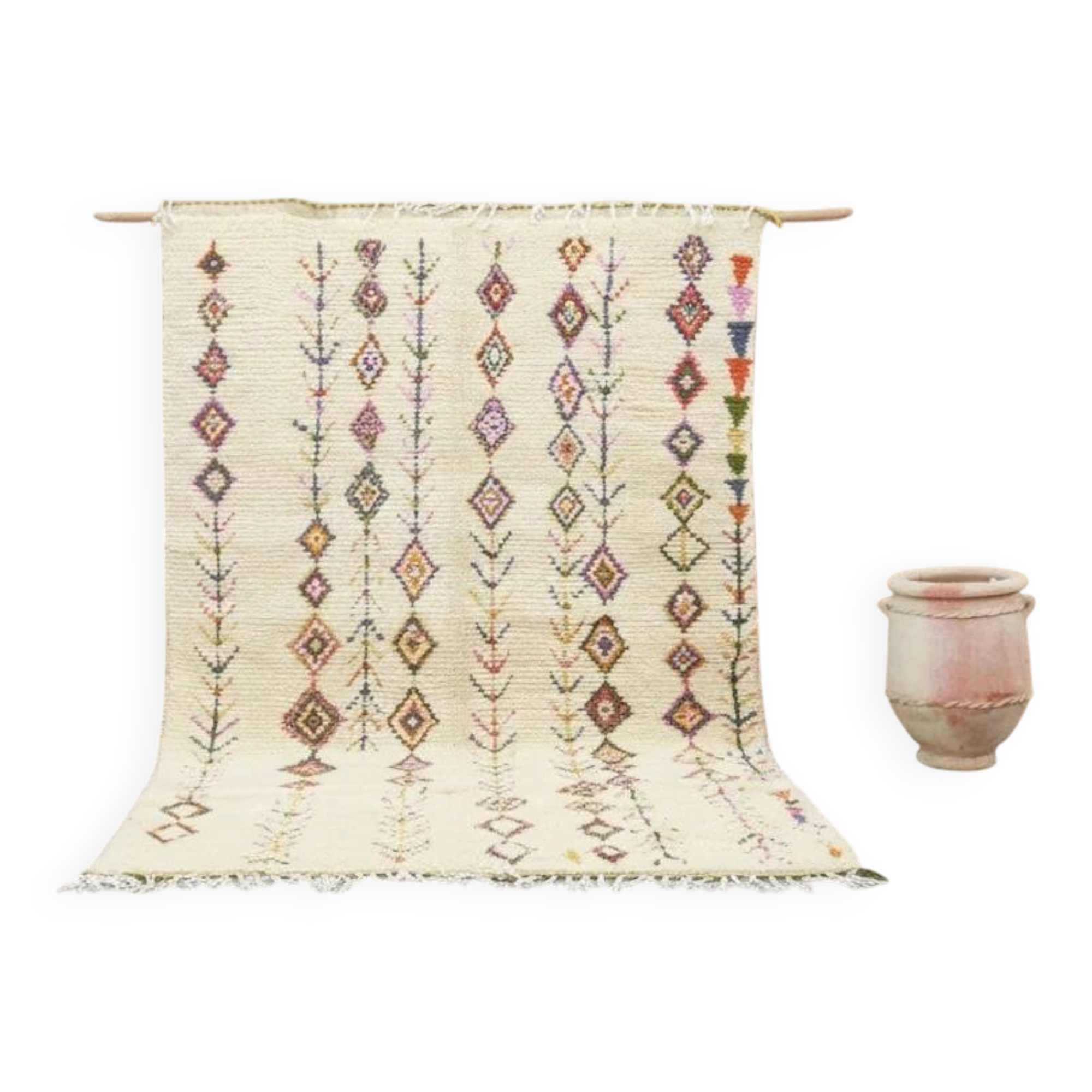 Azilal rug 305×195 cm – Ivory Moroccan Berber rug with multicoloured tribal diamonds, GO-974