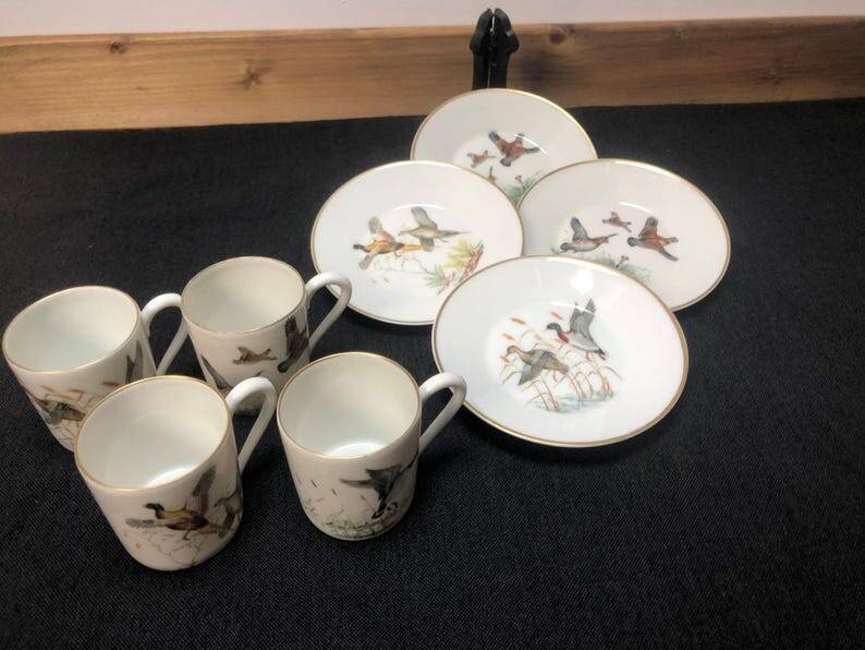 Porcelain de Paris Espresso Cup & Saucer Set: Bird Motif, Gilded, 1950s