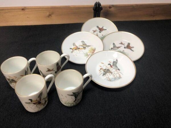 Porcelain de Paris Espresso Cup & Saucer Set: Bird Motif, Gilded, 1950s