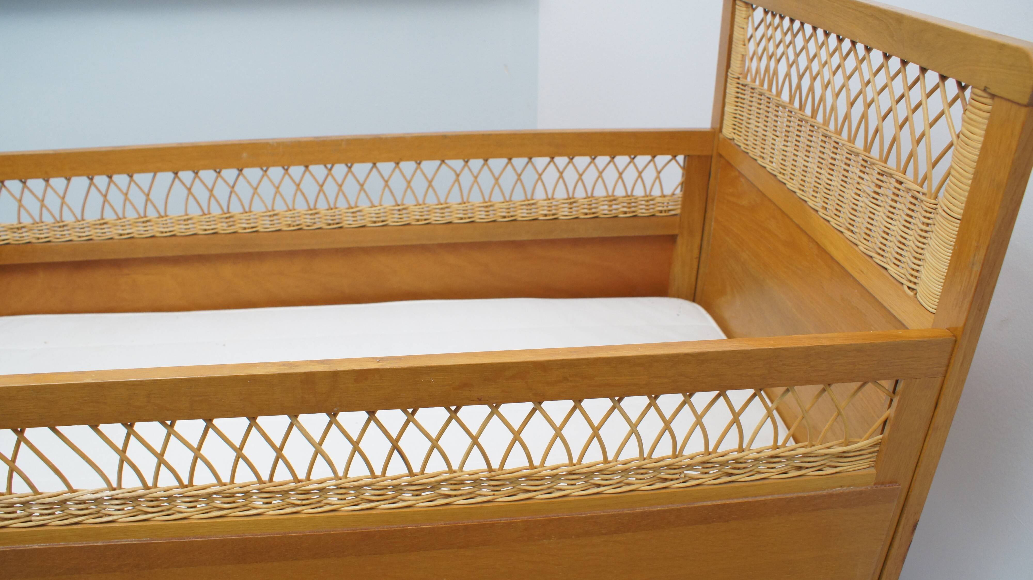 1960s oak and wicker baby bed