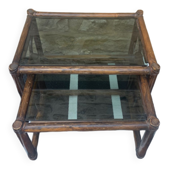 Rattan bamboo and glass nesting table