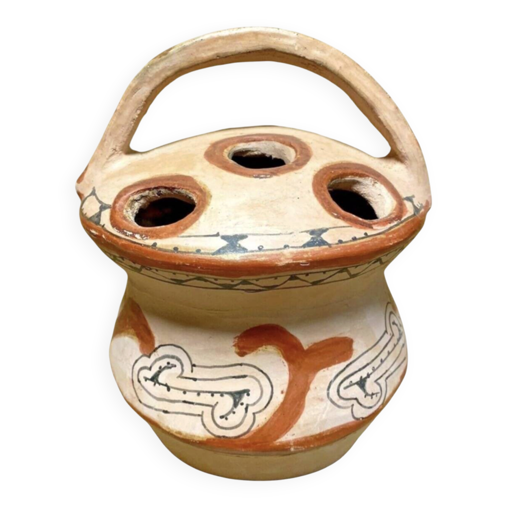 Ancient Berber flower holder, painted terracotta, vintage ethnic vase.