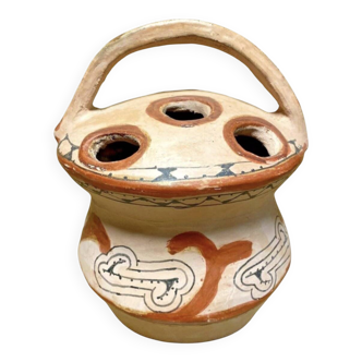 Ancient Berber flower holder, painted terracotta, vintage ethnic vase.