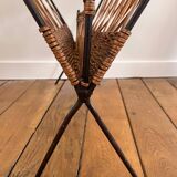 Large vintage 1960s magazine rack in rattan and black steel