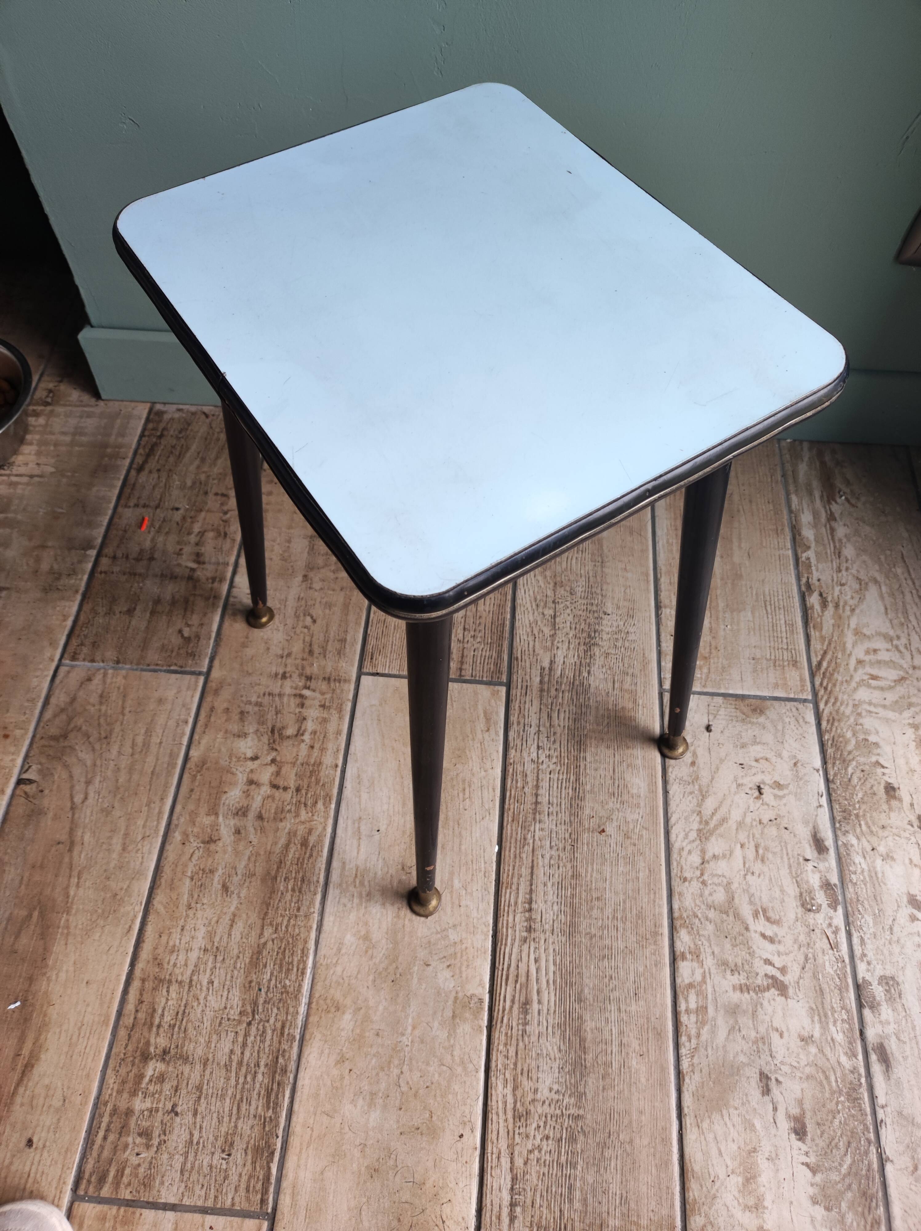 Side table plant holder formica feet compass wood brass vintage
