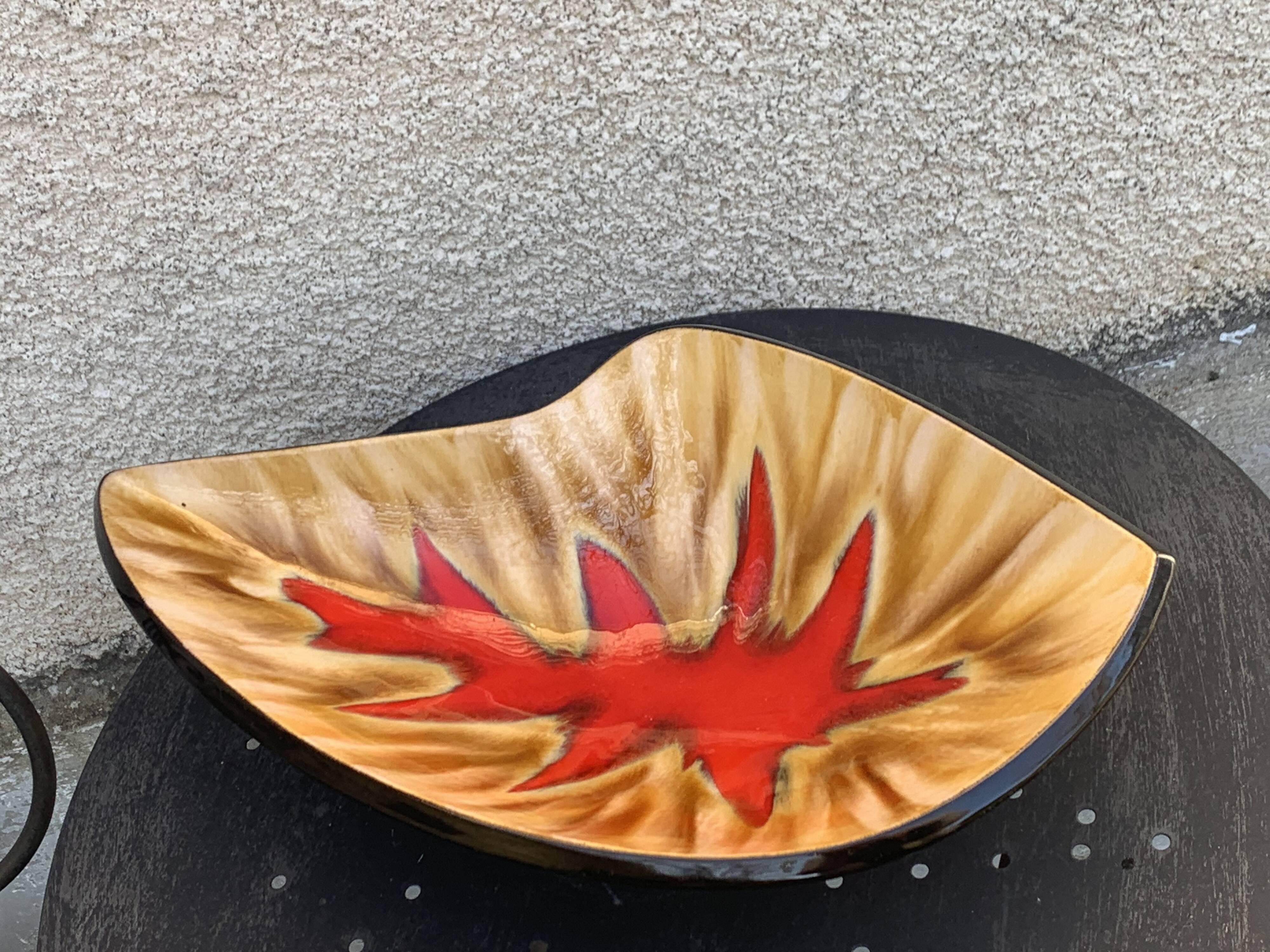 Fruit bowl in glazed ceramic, red design motif, Vallauris, vintage