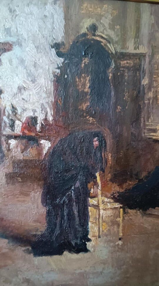 Oil on panel - early 20th century - interior of a church