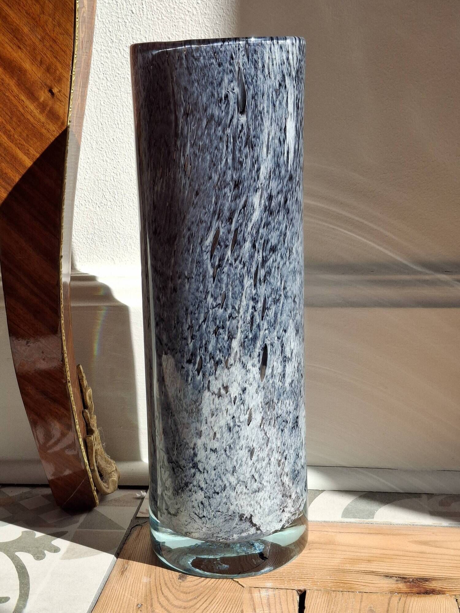 Large blown glass roller vase with speckled gray/purple camaieu decor