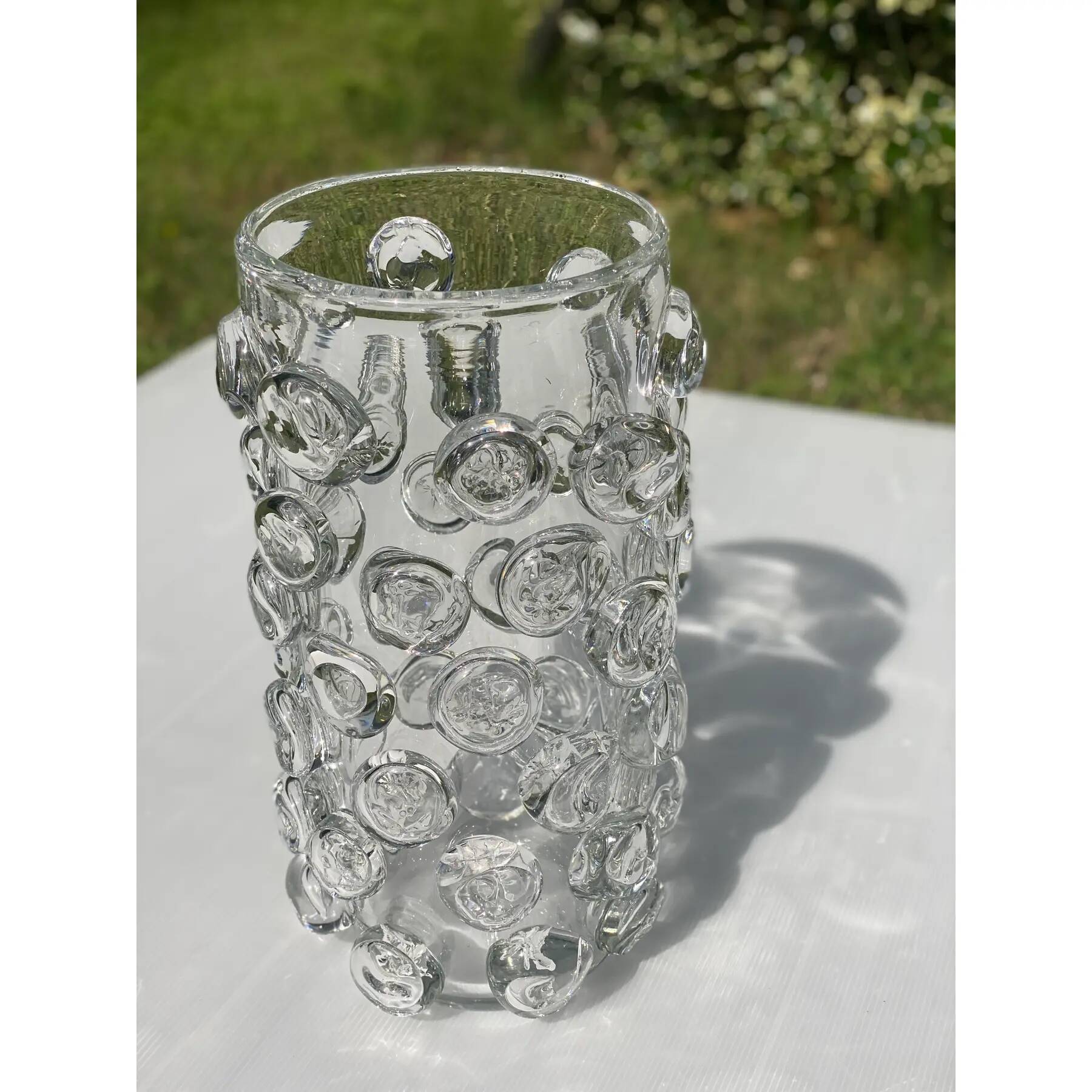Contemporary hand-blown transparent Murano glass vase with bubbles