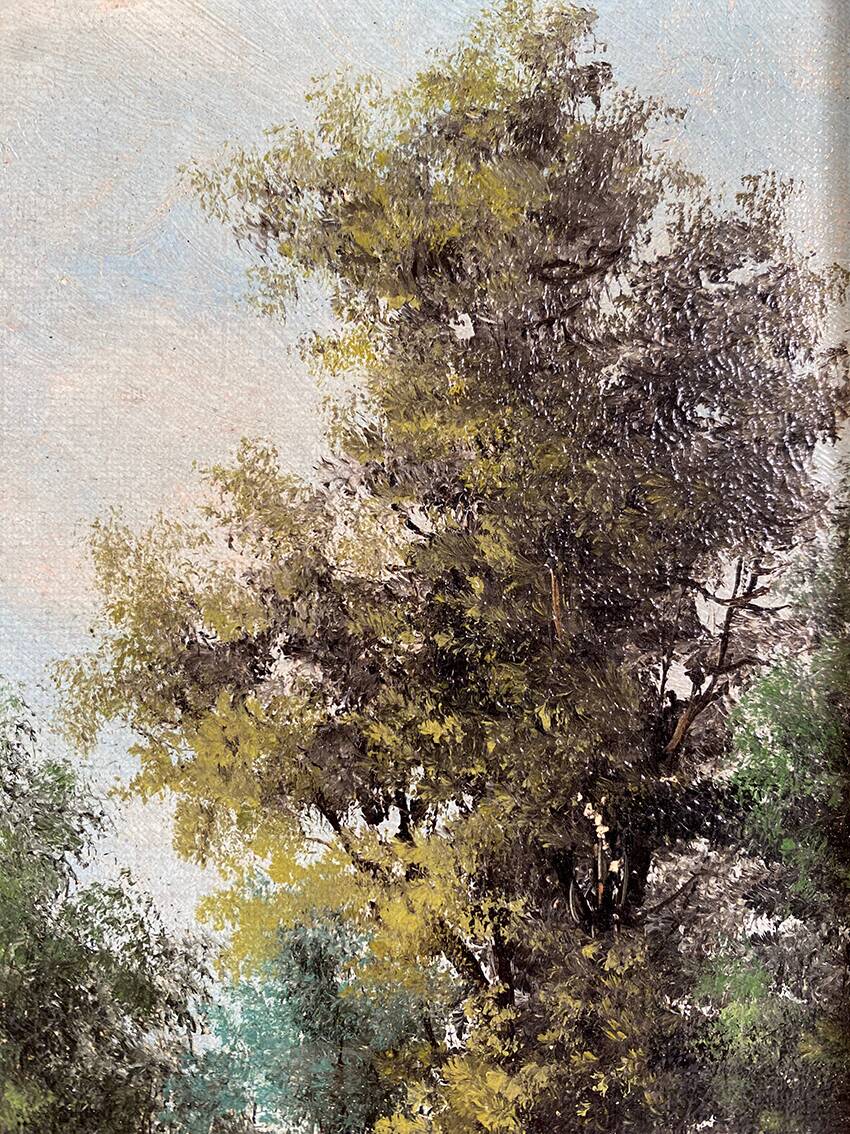 Alain Bonnaud (20th century), small oil on canvas. “Woman on a forest path”