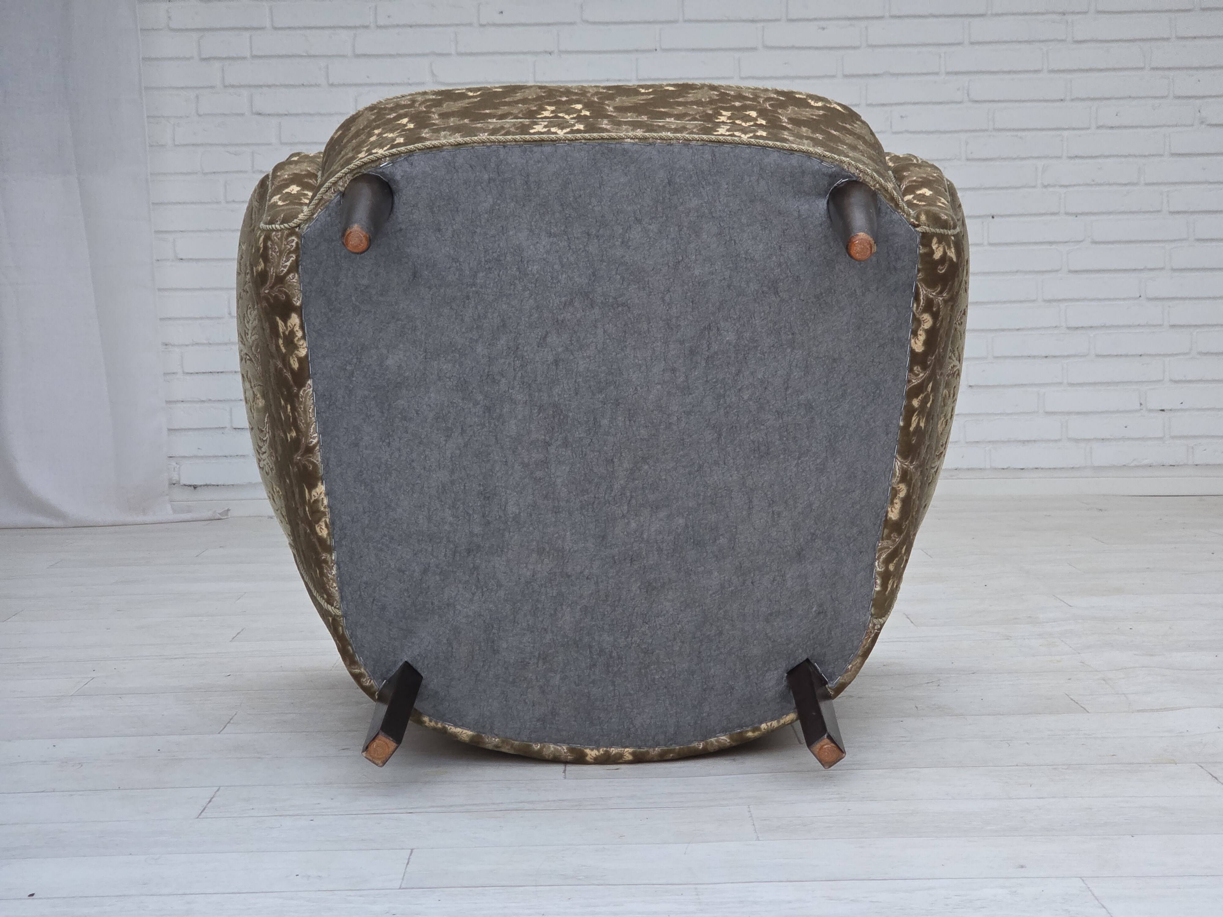 1960s, Danish armchair, light green furniture velour, teak wood legs.