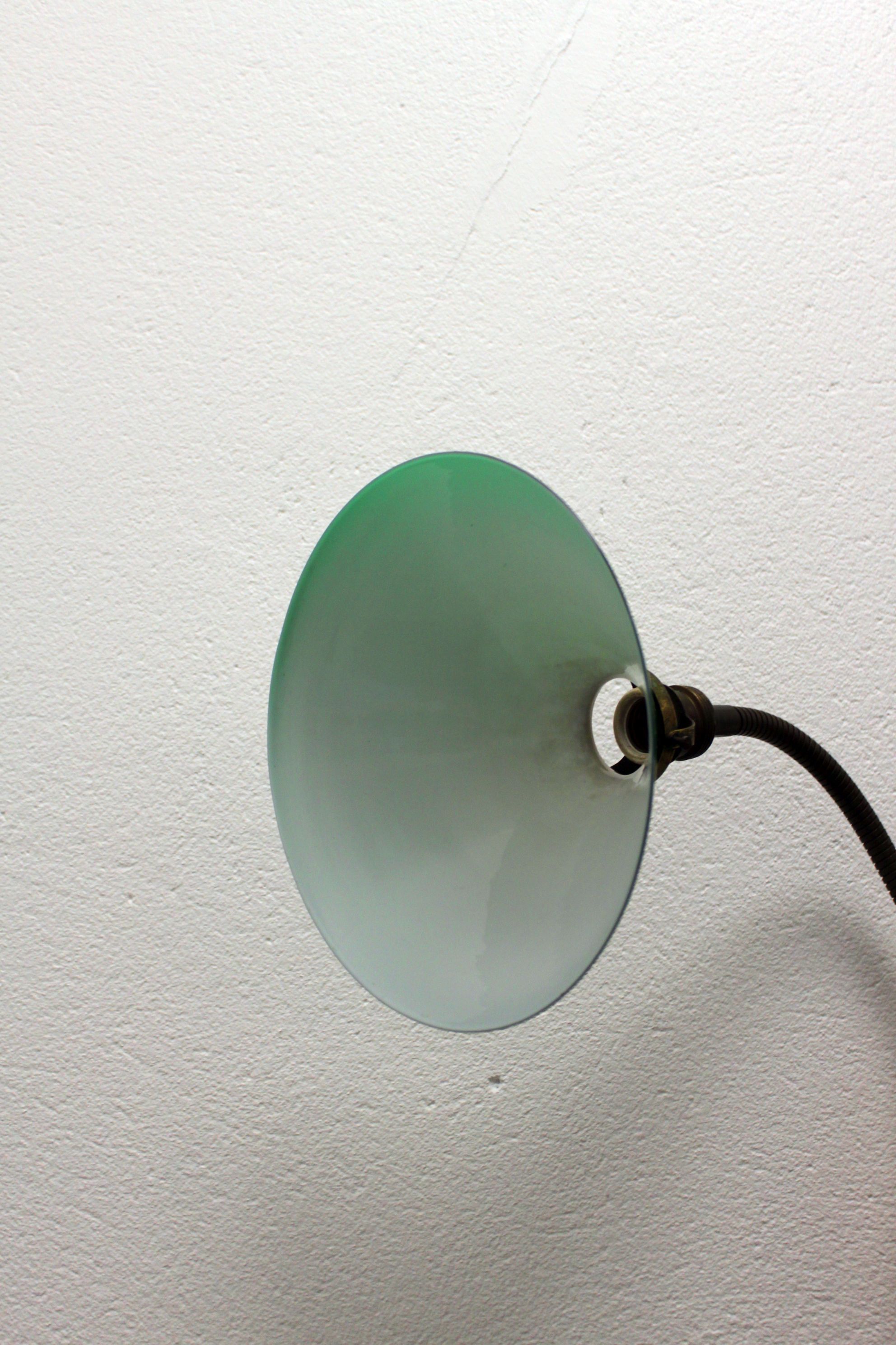 Vintage industrial vice lamp, green opaline.