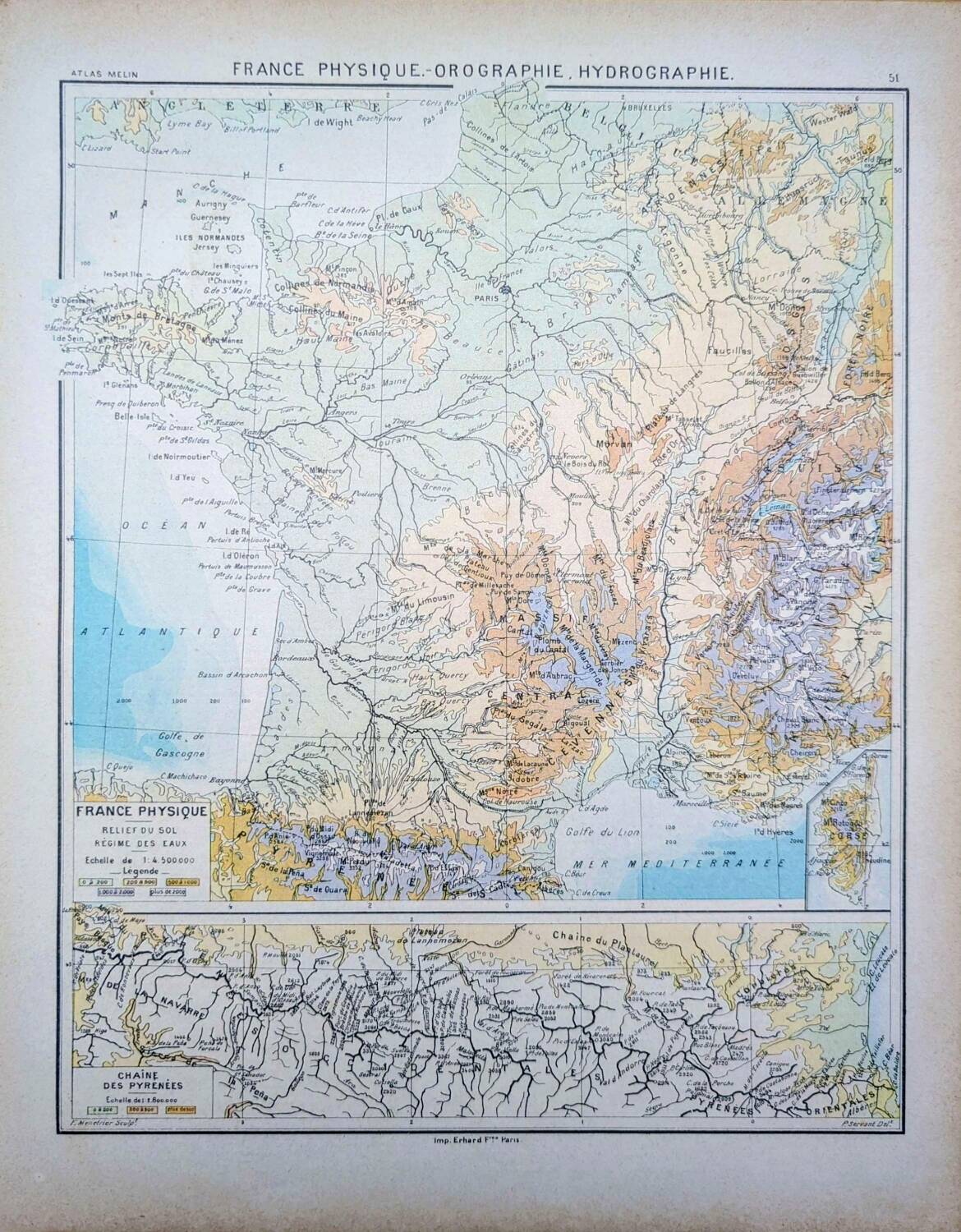 Physical map of France, original printed in 1896