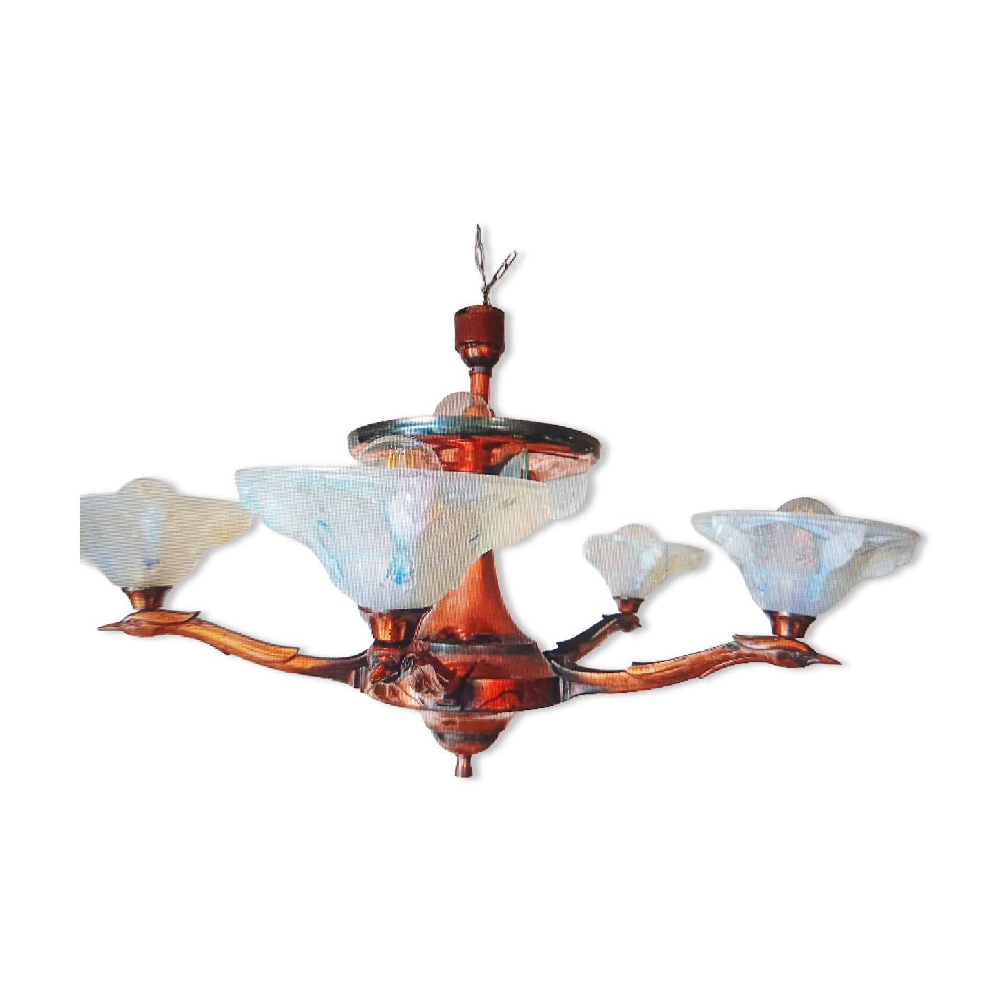 Opalescent glass and copper chandelier