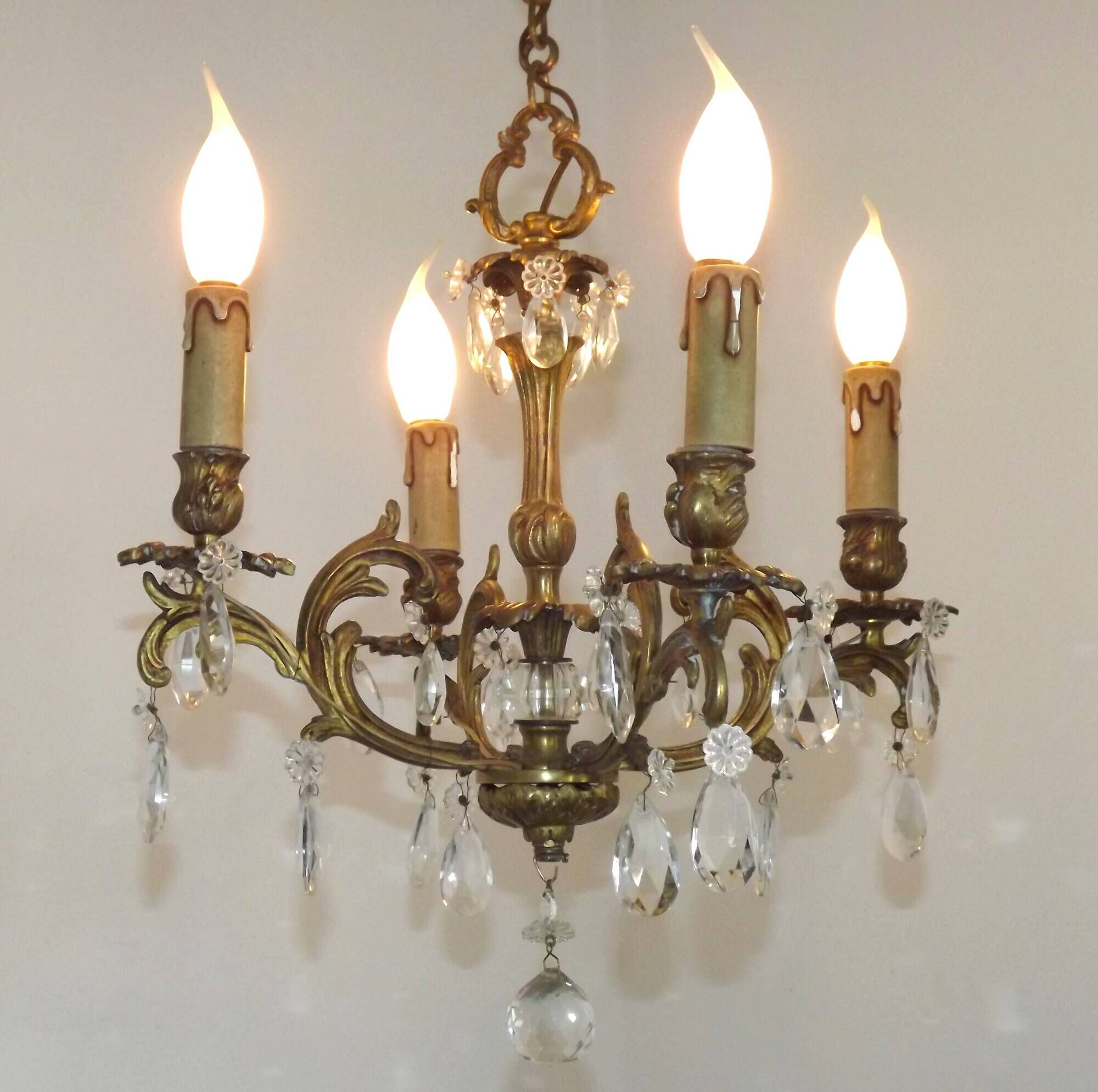 French Vintage Bronze and Glass 4 Light Art Nouveau Crystal Chandelier