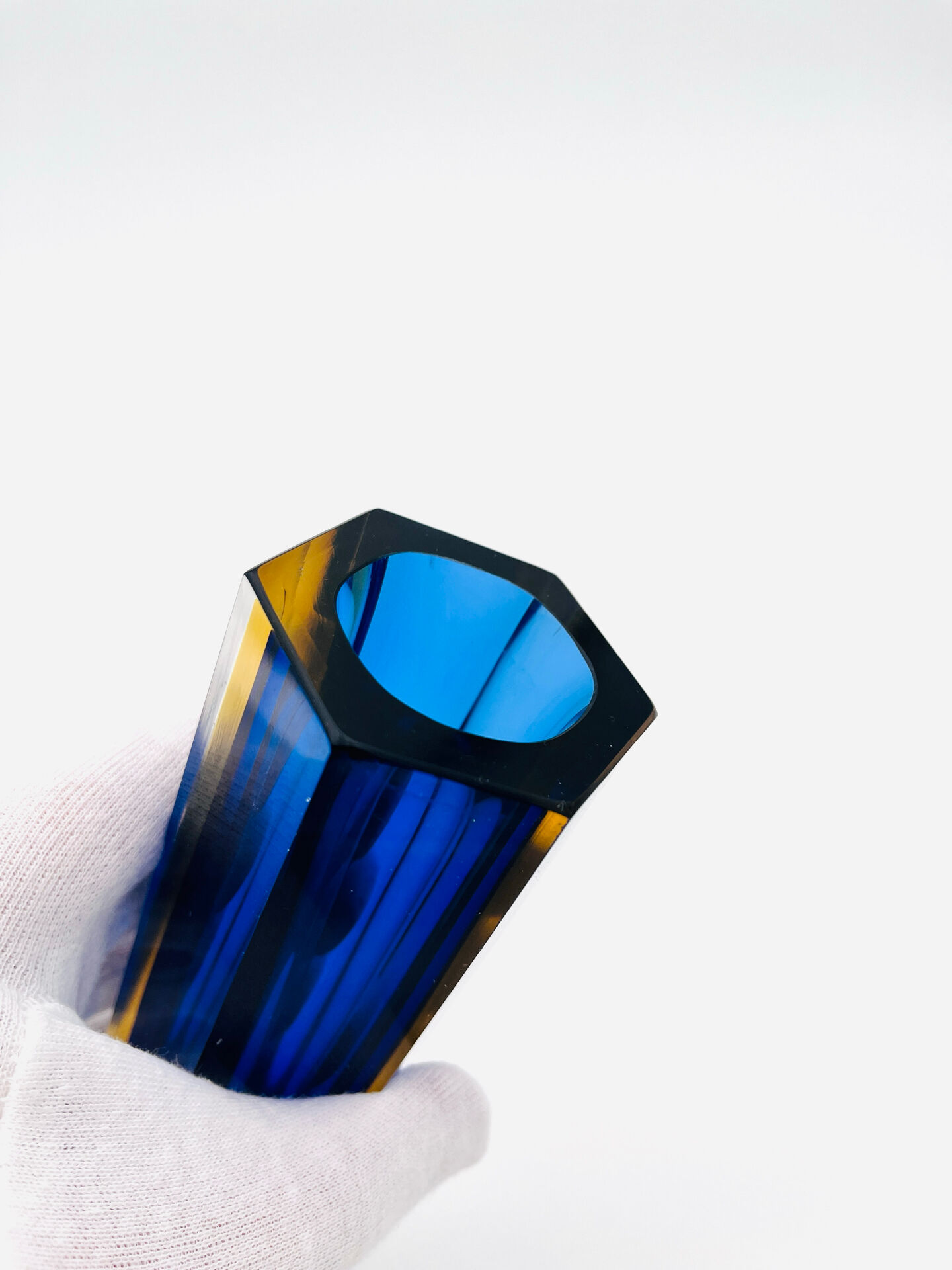 Vase Luigi Mandruzzato Murano Sommerso Hexagonal - Cobalt Blue & Amber