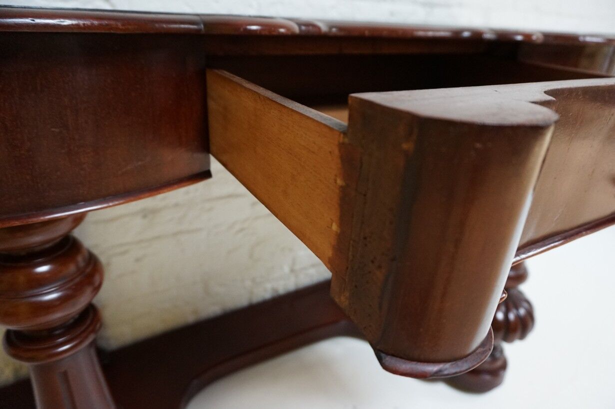 Biedermeier mahogany wall console table or desk with leather inlay top and drawer