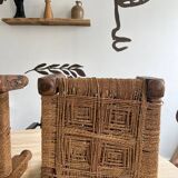 Stool in carved wood and rope from the 70s