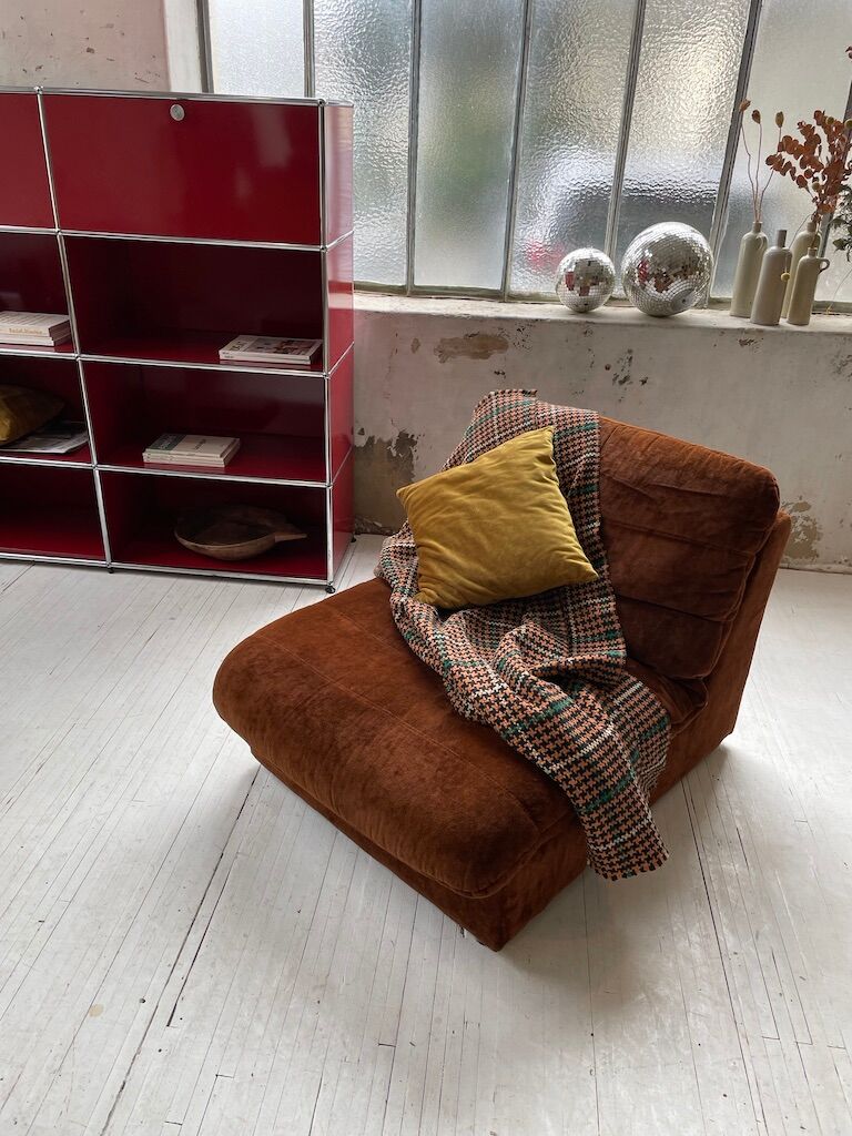 Pair 70s brown velvet armchairs
