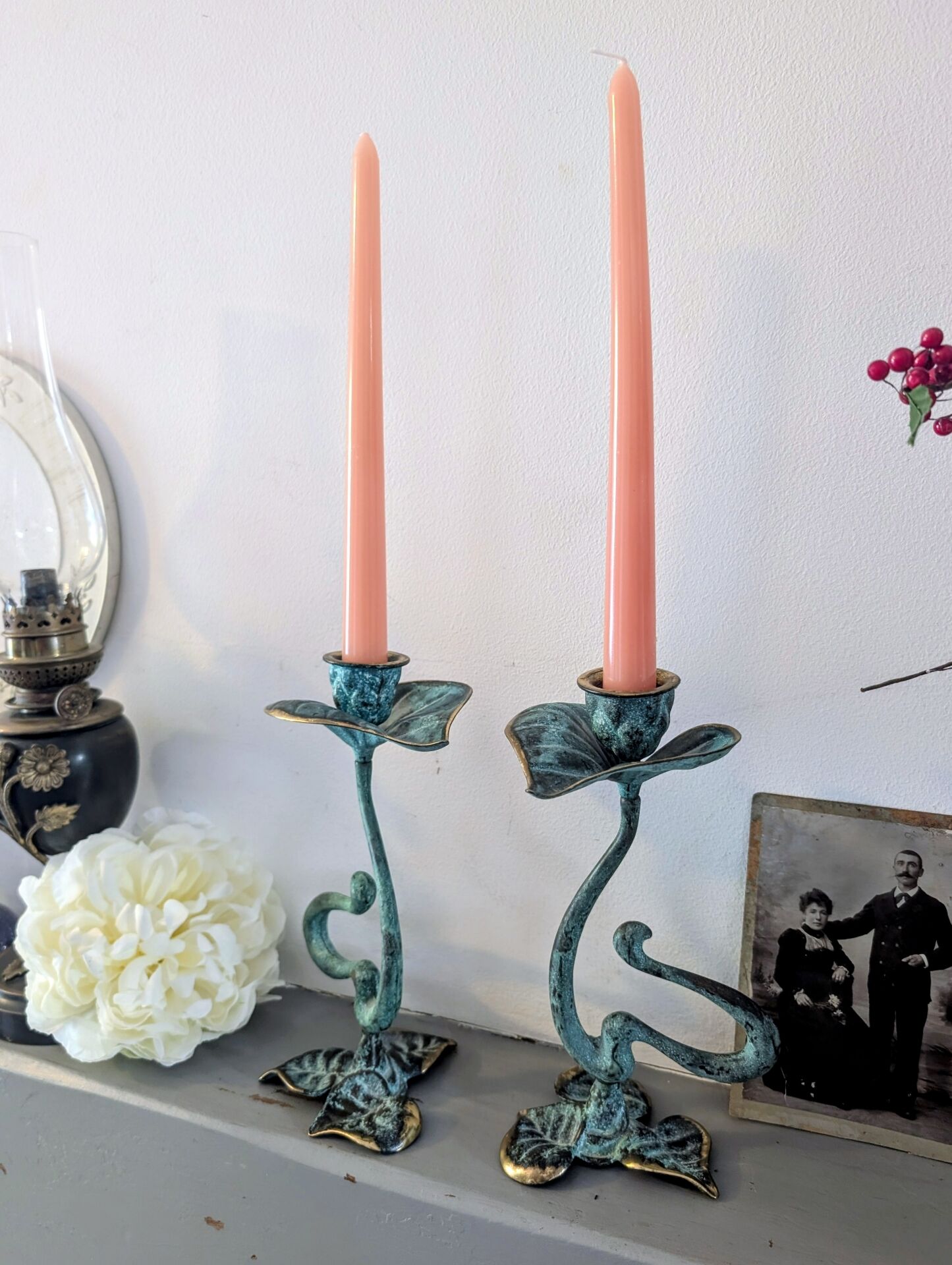 Pair of patinated greenish-blue bronze candlesticks Art Nouveau style