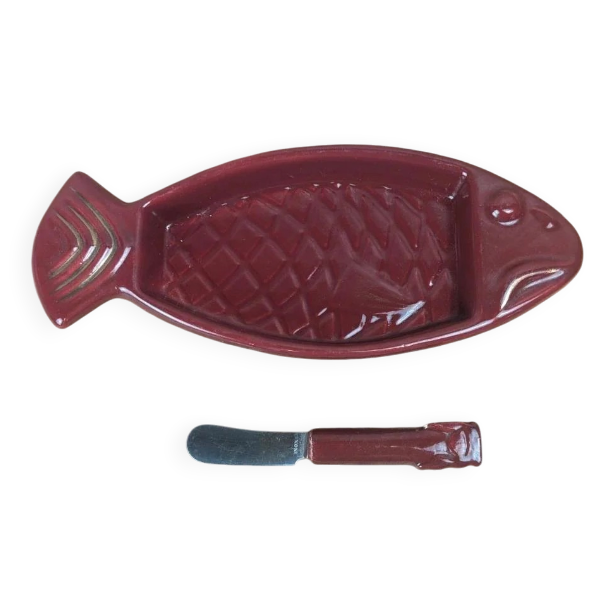 Vintage red ceramic butter dish + matching knife
