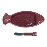 Vintage red ceramic butter dish + matching knife