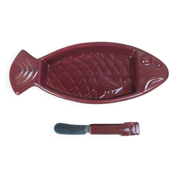 Vintage red ceramic butter dish + matching knife